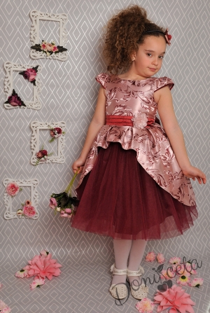 Официална детска рокля с къс ръкав в бордо на цветя с тюл 379 ФГВ