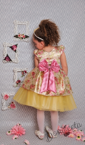Официална детска рокля с къс ръкав в златисто на цветя с тюл 379 ЗФГР