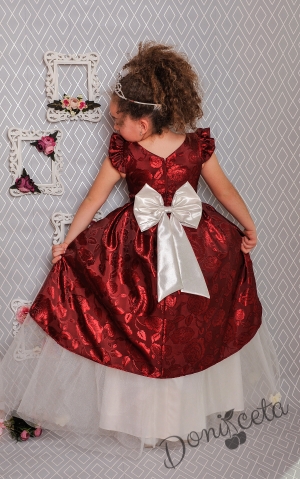 Официална дълга детска рокля в бордо с тюл в бяло 379 ВЕД