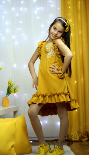 Официална или ежедневна детска рокля в цвят горчица с къдрички