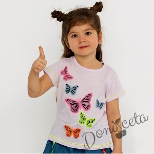 Детска тениска за момиче в лилаво с пеперуди