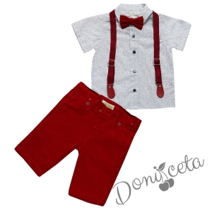 Комплект от риза с къс ръкав в бяло,къси панталонки в червено и тиранти