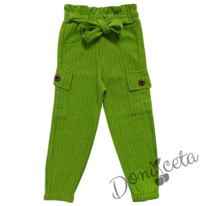 Детски панталон за момиче в зелено с джобове и колан
