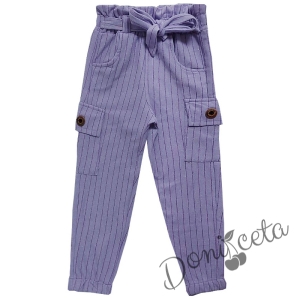 Детски панталон за момиче в лилаво с джобове и колан