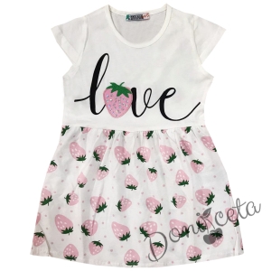 Детска  лятна рокля в бяло с ягодки в розово и надпис