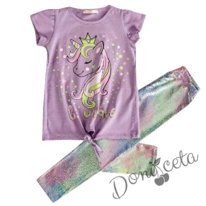 Летен детски комплект от 2 части блузка в лилаво с еднорог и клин 8221129