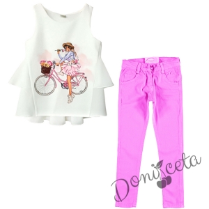 Комплект от летен панталон за момиче в розово с туника в бяло