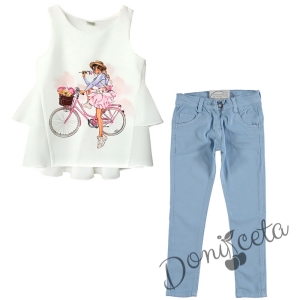 Комплект от летен панталон за момиче в светлосиньо с туника в бяло