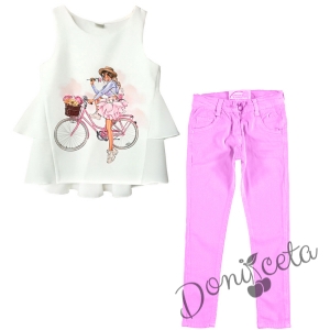 Комплект от летен прав панталон в розово с туника в бяло