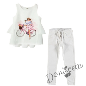 Комплект от летен панталон за момиче в бяло с туника в бяло