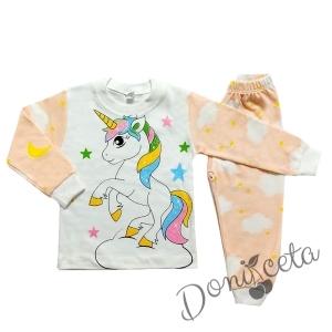 Детска пижама в прасковено и бяло с Пони/ Еднорог