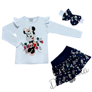 Детски комплект от 3 части - блуза в бяло с Мини Маус, пола и лента за коса