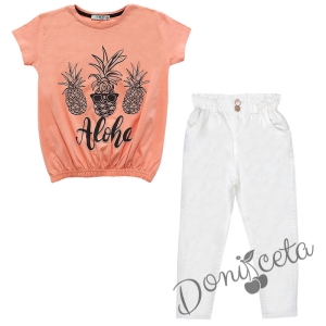 Комплект от летен панталон за момиче в бяло с тениска в прасковено