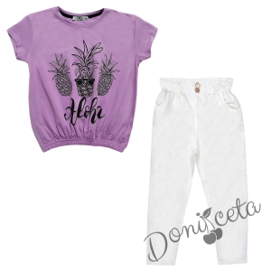 Комплект от летен панталон за момиче в бяло с тениска в лилаво