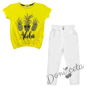 Комплект от летен панталон за момиче в бяло с тениска в жълто