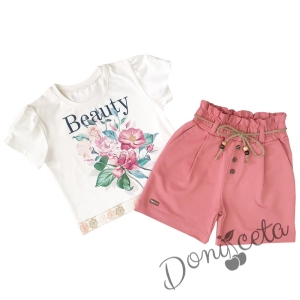 Детски комплект от тениска в бяло и къси панталоки в пепел от рози
