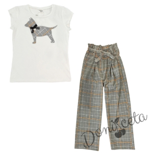 Комплект Contrast от панталон с ленти в горчица и тениска в екрю с куче