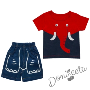 Комплект за момче от къси панталонки и блузка със слонче в червено