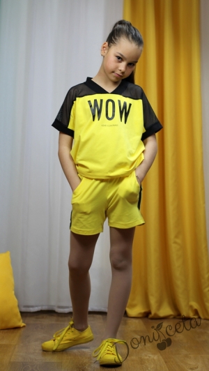 Летен комплект за момиче от тениска с мрежа и къси панталони в жълто Contrast 1