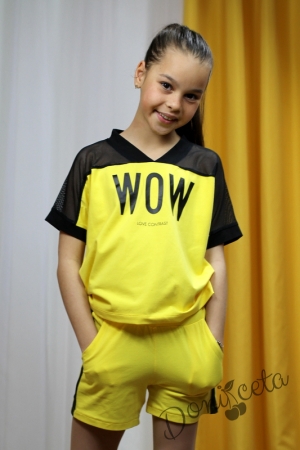Летен комплект за момиче от тениска с мрежа и къси панталони в жълто Contrast 3