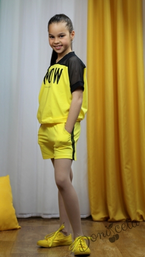 Летен комплект за момиче от тениска с мрежа и къси панталони в жълто Contrast 4