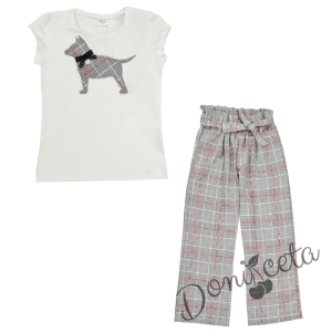 Комплект Contrast от панталон с ленти в червено и тениска в екрю с куче