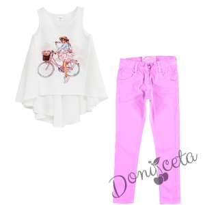 Комплект от туника в бяло и летен панталон в розово за момиче