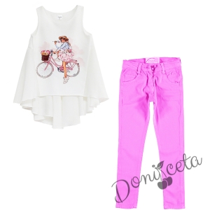 Комплект от туника в бяло и летен розов панталон за момиче