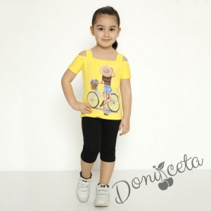Детски комплект от блузка с къс ръкав в жълто и картинка на момиче с колело