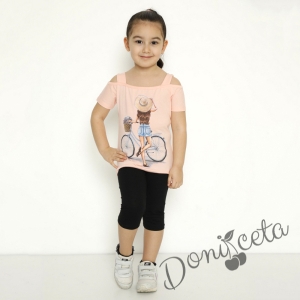 Детски комплект от блузка с къс ръкав в прасковено и картинка на момиче с колело