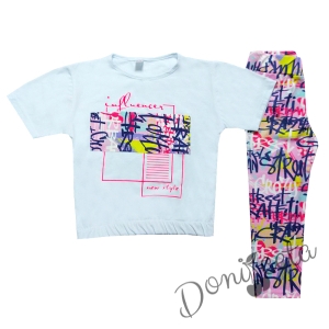 Детски комплект с тениска в бяло и многоцветен клин с надписи