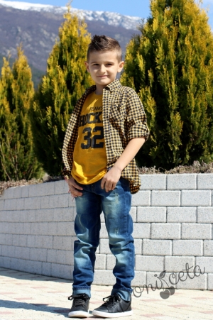  Детска риза за момче с дълъг ръкав в тъмносиньо и горчица
