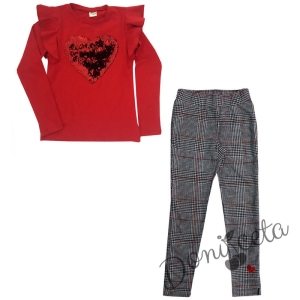 Комплект от панталон в сиво каре и блуза в червено със сърце