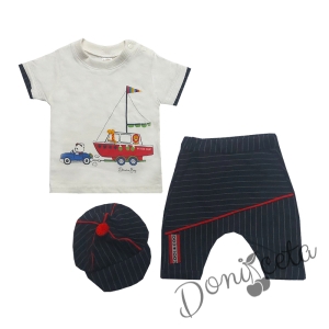 Комплект от 3 части с картинка на Мече и лодка с шапка и панталонки с лента червена