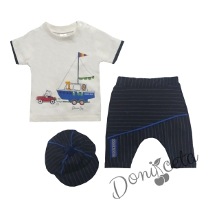 Комплект от 3 части с картинка на Мече и лодка с шапка и панталонки с лента в синьо