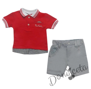 Комплект от блузка/риза в червено и панталонки в сиво