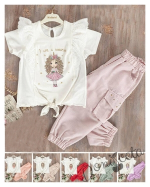 Детски комплект от блузка с къс ръкав в бяло и панталонки в розово