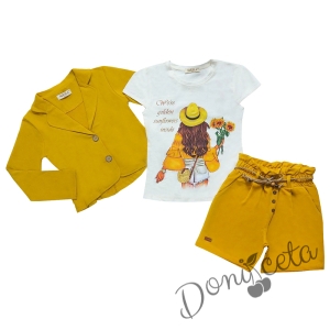 Детски комплект от тениска,сако и къси панталони за момиче в горчица