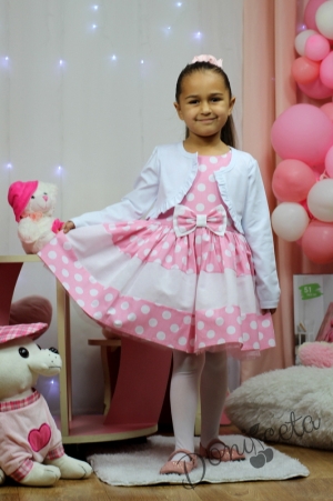 Комплект от детска рокля в розово на бели точки и болеро в бяло