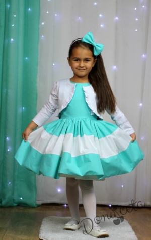 Детска фициална рокля в тюркоаз/мента с 3D пеперуди с болеро в бяло