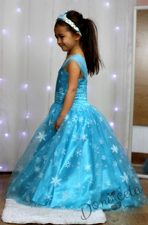 Дълга детска рокля Елза в светлосиньо със снежинки с обръч