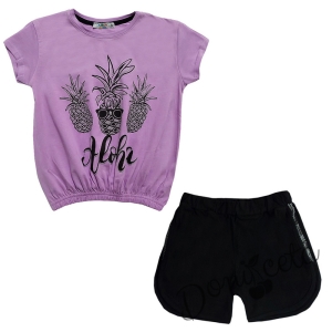 Детски комплект от тениска в лилаво и къси панталонки в черно