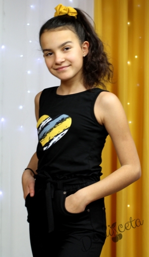Детски дълъг свободен памучен панталон за момиче в черно с джобчета