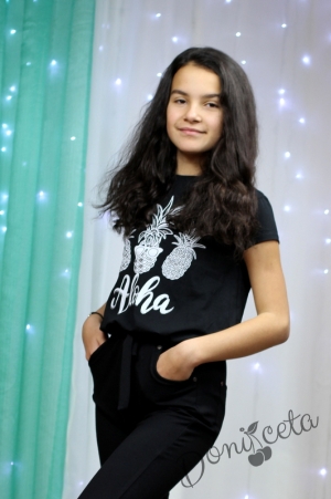 Детска тениска за момиче в черно с ананаси