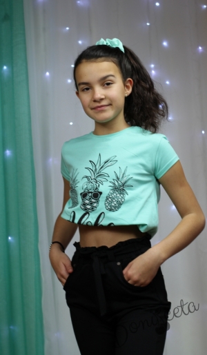Комплект от детска тениска за момиче в тюркоаз/мента с ананаси