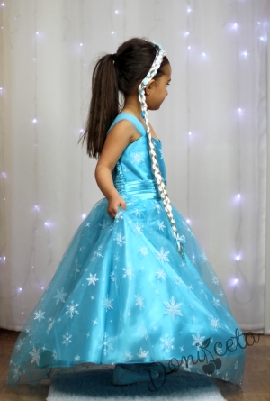Дълга детска рокля Елза в светлосиньо със снежинки с обръч