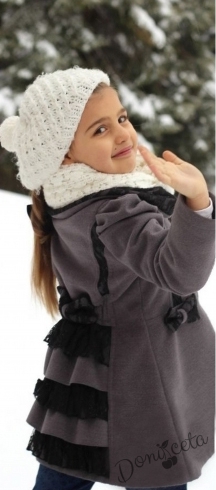 Children's winter coat for a girl in grey with lace and ribbons