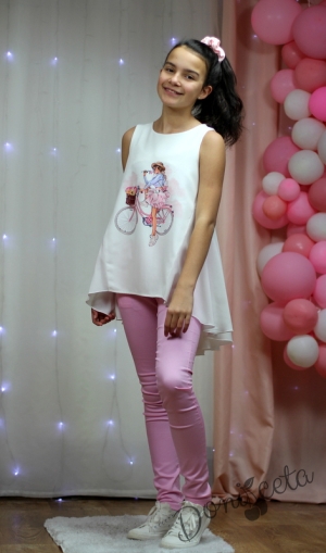 Комплект от туника в бяло и летен панталон в розово за момиче
