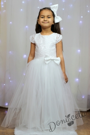 Официална дълга детска рокля в бяло с дантела за шаферка/кръщене