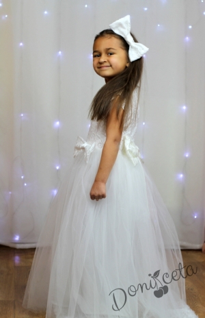 Официална дълга детска рокля в бяло с дантела за шаферка/кръщене